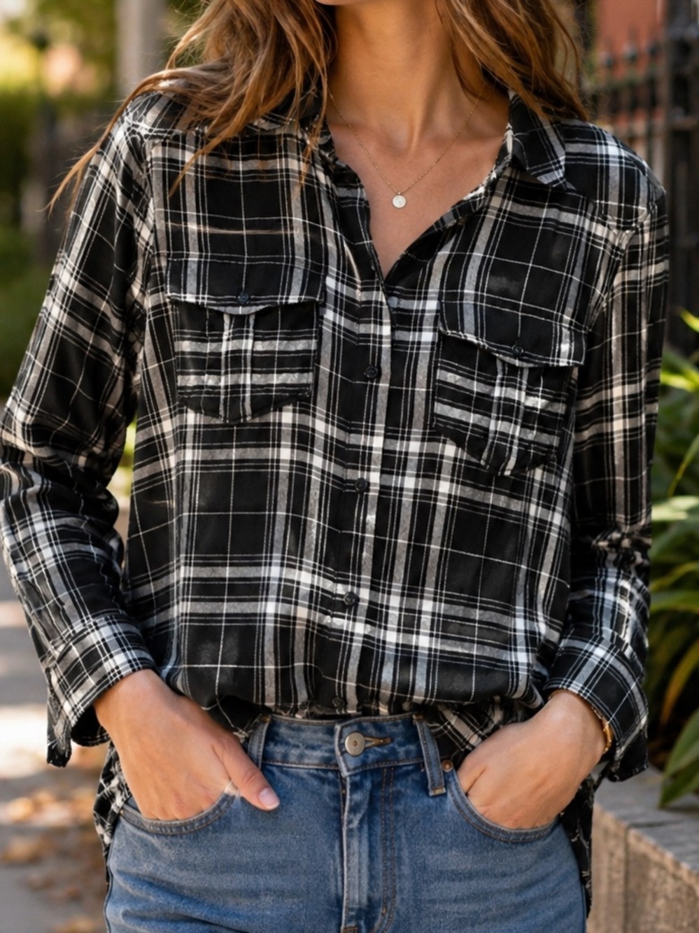 PAIGE Black White Plaid Viscose Lightweight Button Down Shirt XS